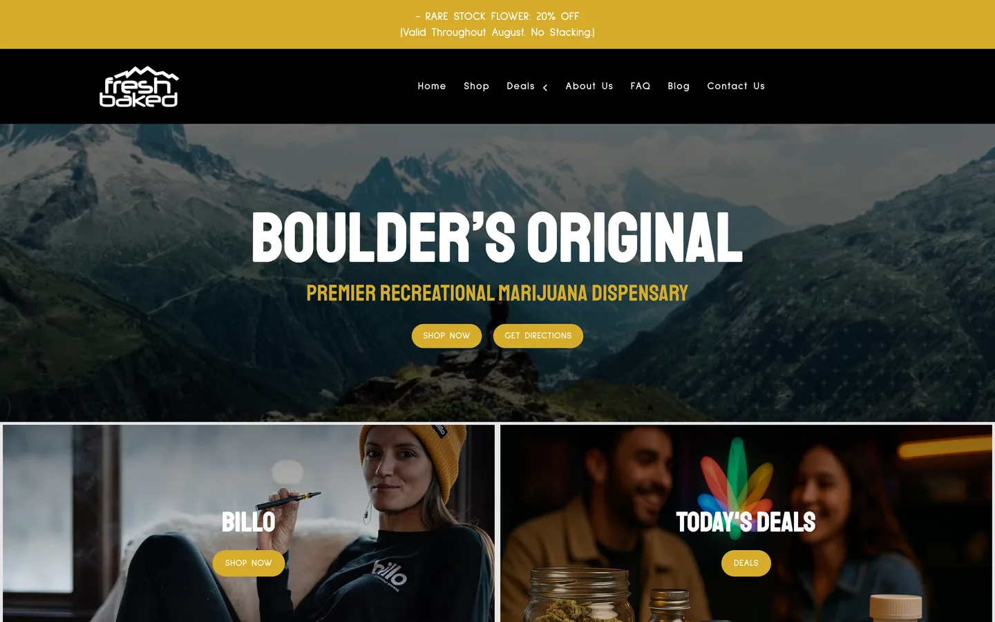 Fresh Baked homepage hero, Boulder's Original premier recreational marijuana dispensary, with Shop Now and Get Directions buttons.