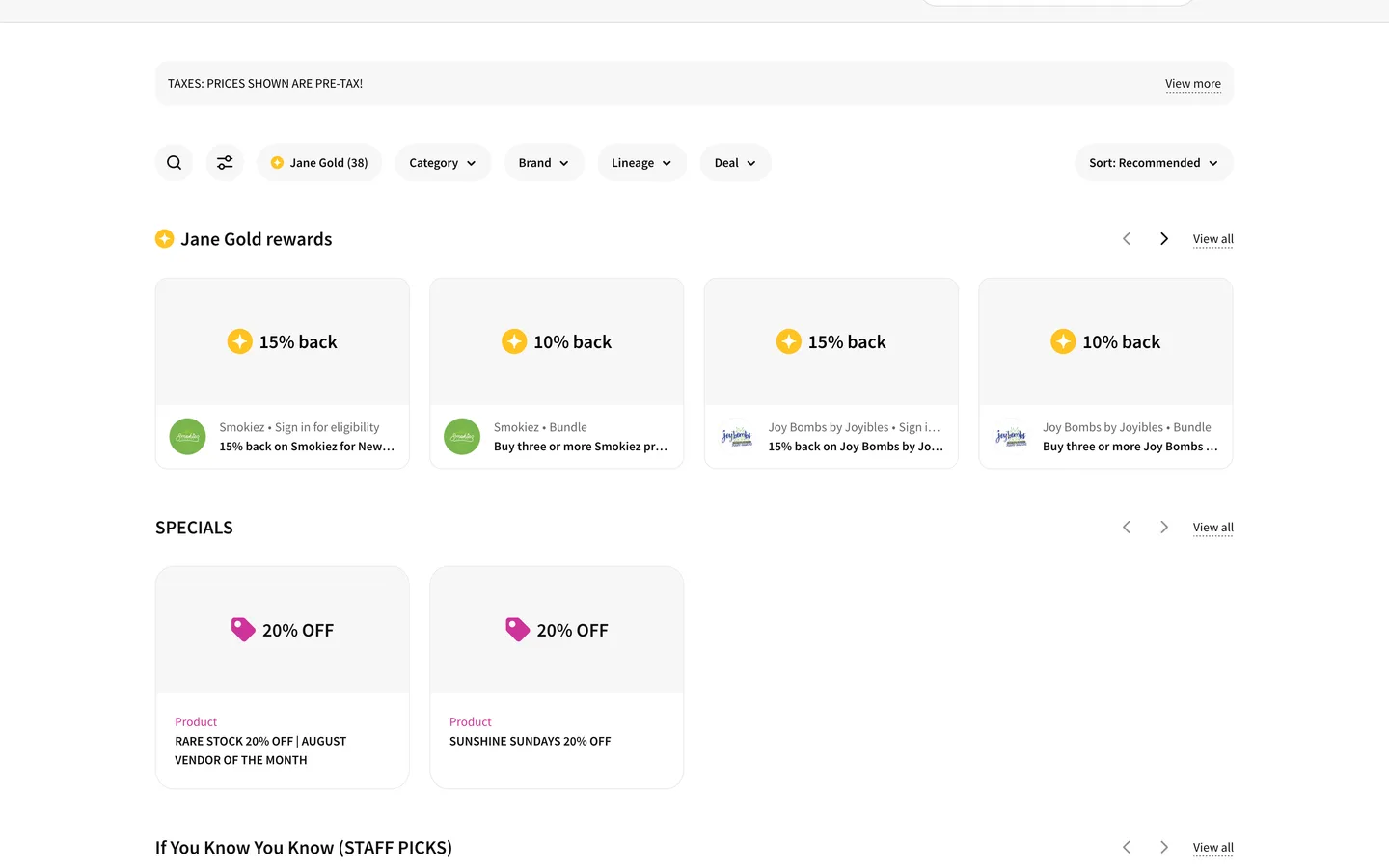 Fresh Baked embedded Jane menu showing Jane Gold rewards, product specials, and category and brand filters, demonstrating the live ordering integration.