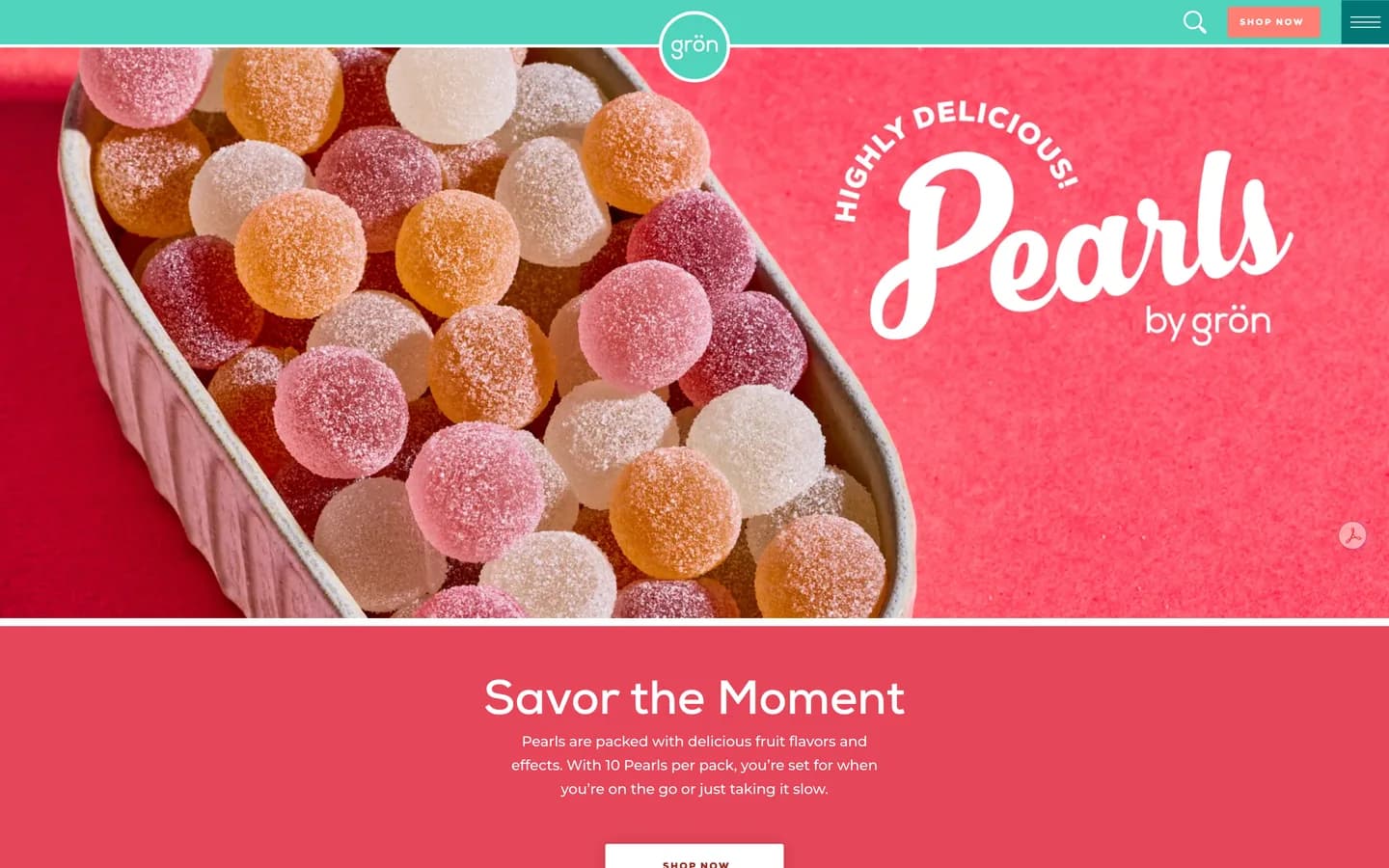 Grön homepage hero featuring the Pearls by grön sugar-coated gummies and a Shop Now button, showing the custom brand-led design.
