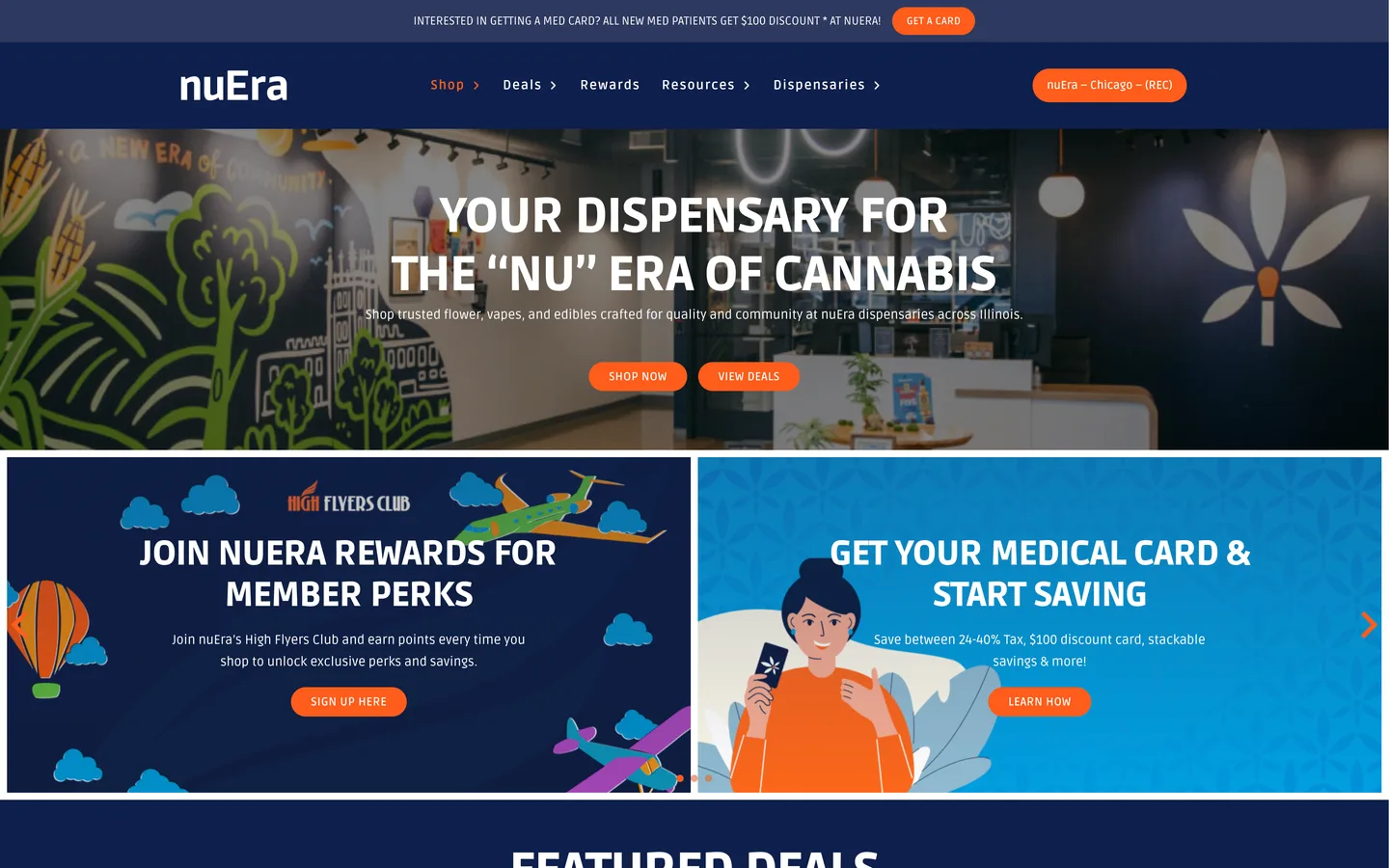 nuEra homepage hero, Your dispensary for the nu era of cannabis, with Shop Now and View Deals buttons above rewards and medical-card promotions.
