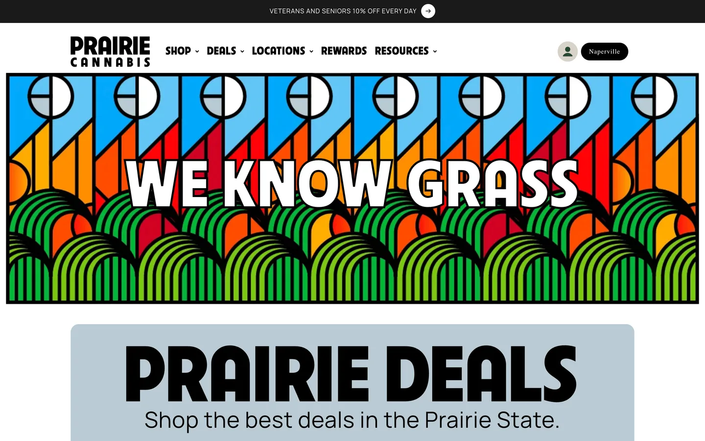 Prairie Cannabis homepage hero, the stained-glass We Know Grass banner, above the Prairie Deals section.
