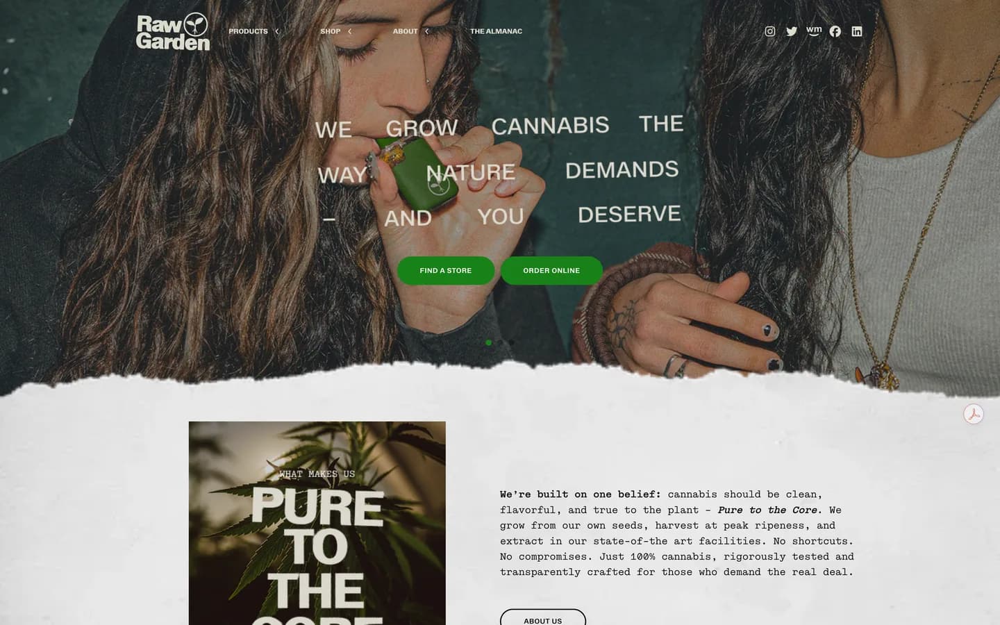 Raw Garden homepage hero reading We grow cannabis the way nature demands and you deserve, with Find a Store and Order Online buttons.