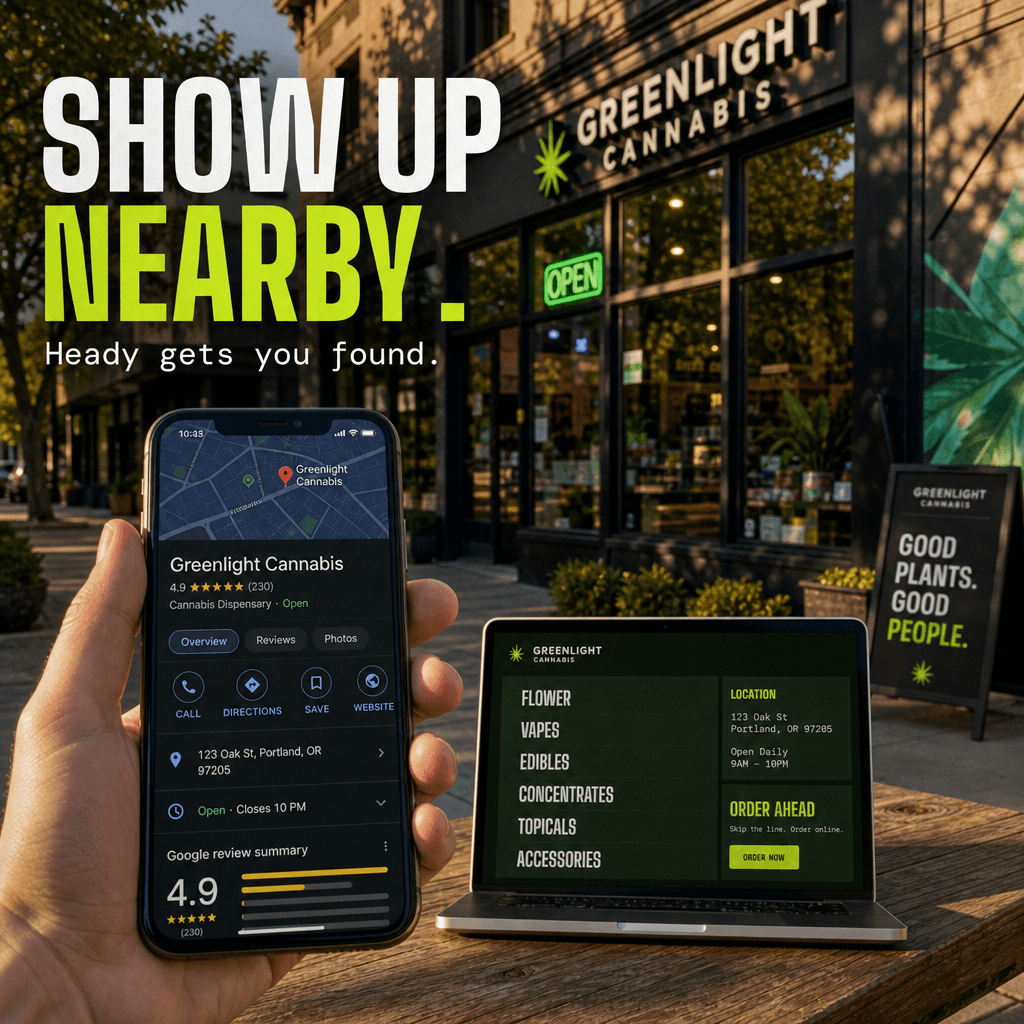 A shopper finds Greenlight Cannabis on Google — 4.9 stars, directions, hours, and an order-ahead menu — steps from the storefront.