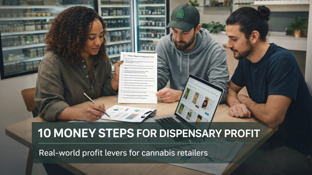 Dispensary team reviewing a profit checklist and ecommerce menu