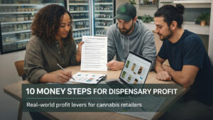 Dispensary team reviewing a profit checklist and ecommerce menu